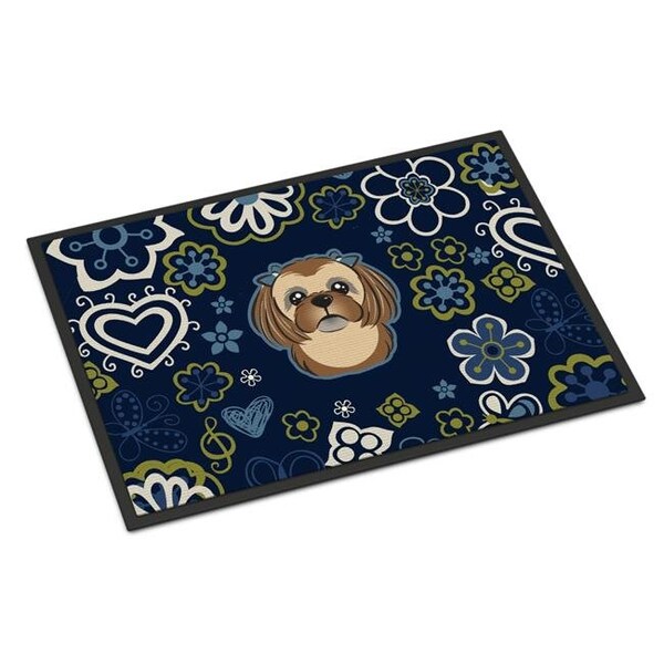 Carolines Treasures Carolines Treasures BB5100JMAT 24 x 36 in. Blue Flowers Chocolate & Brown Shih Tzu Indoor or Outdoor Mat - BB5100JMAT