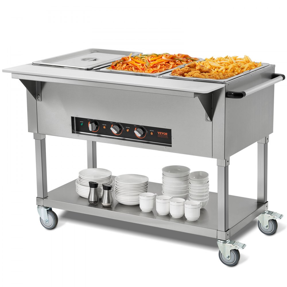 VEVOR 3-Pan Commercial Food Warmer, 3 x 20.6QT Electric Steam Table, 1500W Professional Buffet Catering Food Warmer with 4 Wheels (2 Lockable), Food Grade Stainless Steel Server for Party Restaurant - SPZQZWGSS3PW5NXS3V1
