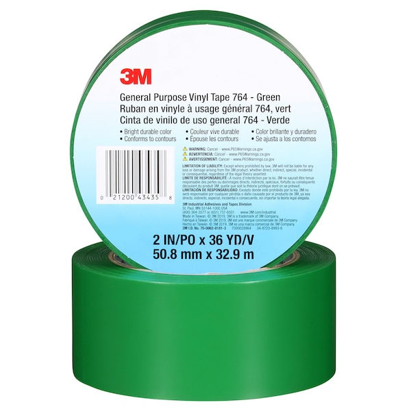 3M Vinyl Tape, Green, 2" x 36 yd., 5 mil - 70006281813