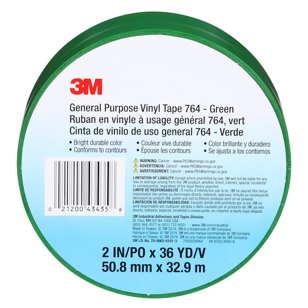 3M Vinyl Tape, Green, 2" x 36 yd., 5 mil - 70006281813