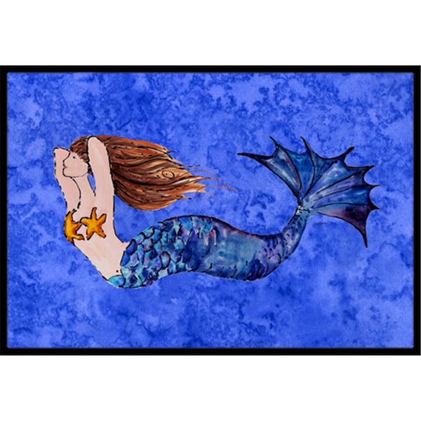 Carolines Treasures Brunette Mermaid On Blue Indoor and Outdoor Mat- 24 x 36 in. - 8725JMAT