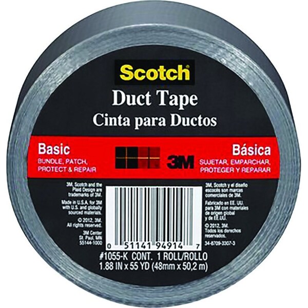 Scotch Utility Basic Duct Tape, 55 yd L, 1.88 in W, Cloth Backing, Silver - 1055