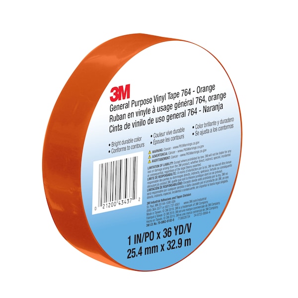 3M Vinyl Tape, 5.0 Mil, 1"x36 yds, Orange, PK36 - T965764N