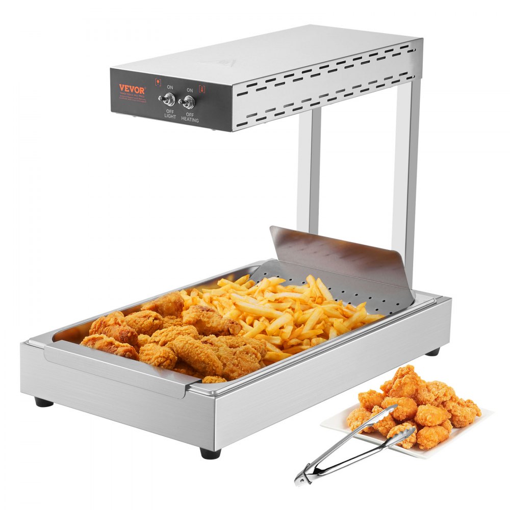 VEVOR French Fry Food Warmer, 750W Commercial Food Heating Lamp, Electric Stainless Steel Warming Light Dump Station, Countertop 104-122°F Fries Food Warmer for Chip Buffet Kitchen Restaurant, Silver - DLWSTBWT20L1SLS00V1