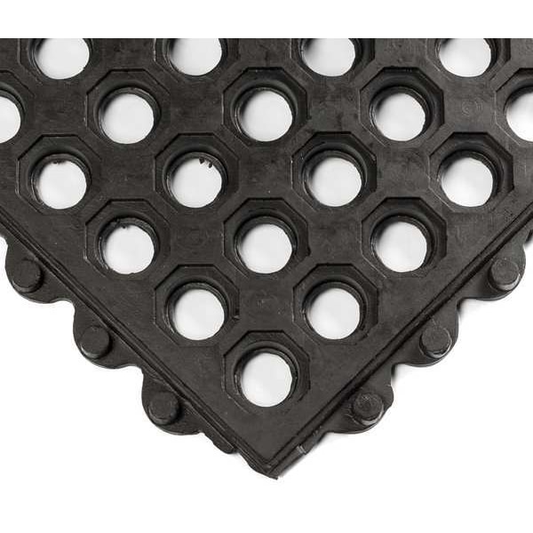 Wearwell Interlocking Drainage Mat Tile, 3 ft W x Grease Resistant Natural Rubber, Black - 572
