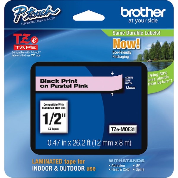 Brother P-touch TZe Laminated Tape - 15/32" Width - Pastel Pink - 1 Each - TZEMQE31