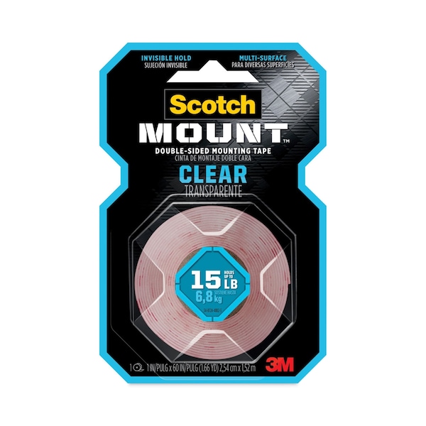 Scotch 2-Sided Mounting Tape, Industrial Strength, 1" x 60", Clear/Red Liner - 410P