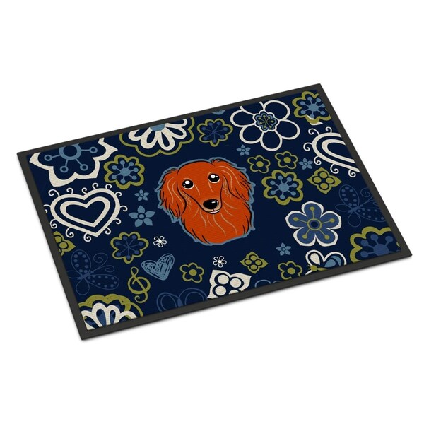 Carolines Treasures 24 x 36 in. Blue Flowers Longhair Red Dachshund Indoor or Outdoor Mat - BB5065JMAT