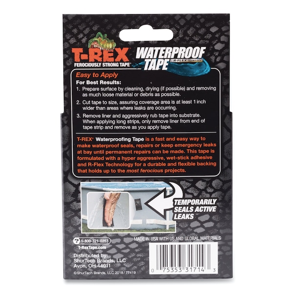 T-Rex Waterproof Tape, 3in Core, 2in x 5 ft, Black - 285988
