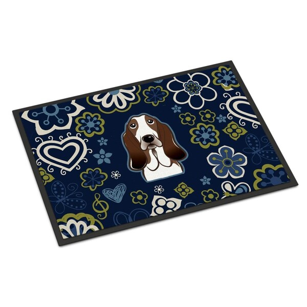 Carolines Treasures 24 x 36 in. Blue Flowers Basset Hound Indoor or Outdoor Mat - BB5094JMAT
