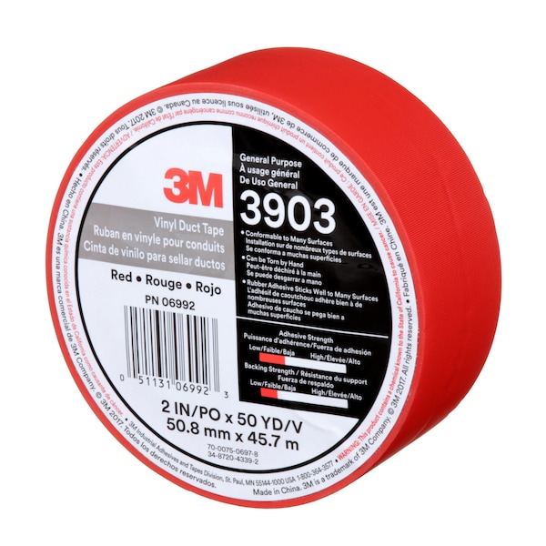 3M Duct Tape, 2 In x 50 yd, 6.5 mil, Red, Vinyl - 3903