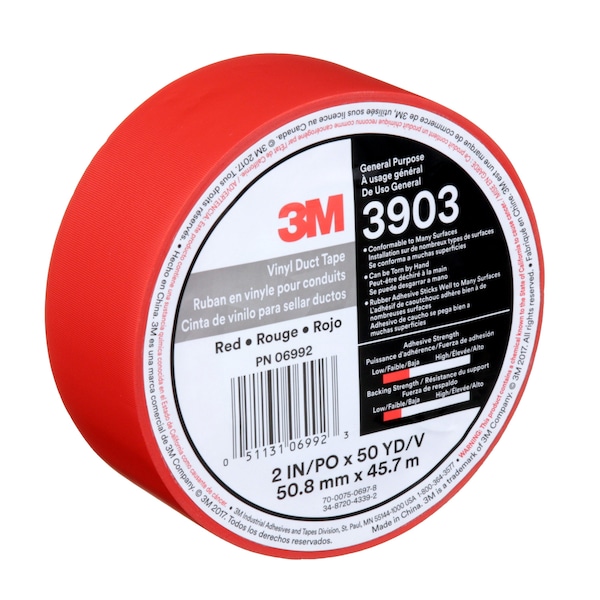 3M Duct Tape, 2 In x 50 yd, 6.5 mil, Red, Vinyl - 3903