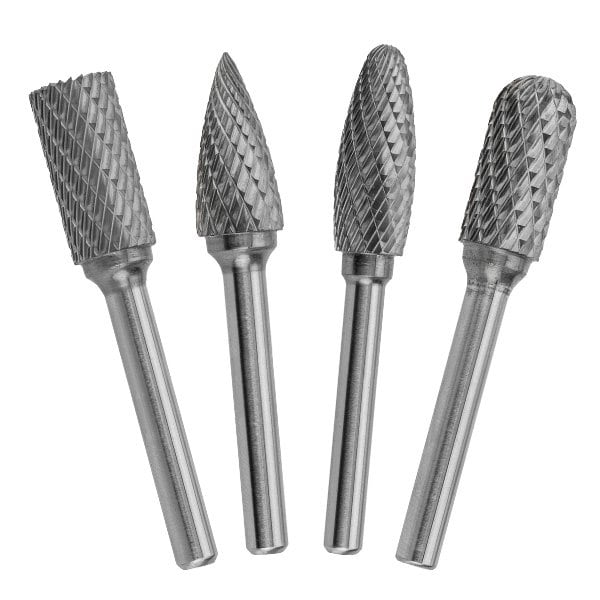 Holemaker Technology HMT Uncoated TCT Burr 12mm 4Pc Set, Flame, Cylinder, Ball Nose, Tree - 4021-SET1