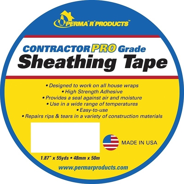 Perma R Products Contractor Pro Grade Sheathing Tape, 50 m L, 48 mm W, Polypropylene Backing, White - 18755