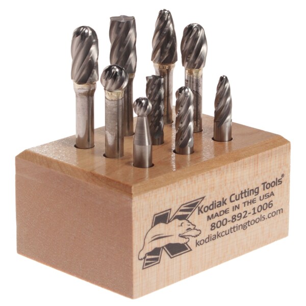 Kodiak Cutting Tools 9Pc Carbide Bur Set for Non-Ferrous - 1/4 Inch Shanks w/Wooden Stand - 56310001