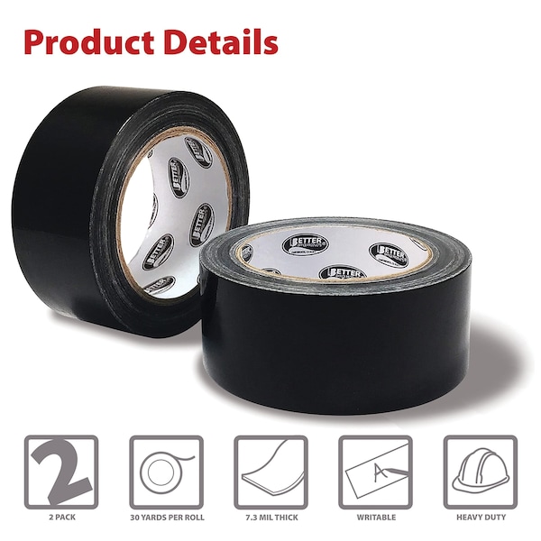 Better Office Products Duct Tape, Heavy Duty, 7.3mil, 1.88 Inch x 30 Yards Per Roll, Easy Tear, Black, 2PK - 40201