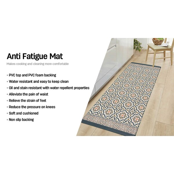 World Rug Gallery Antifatigue Mat, 47 in L x 18 in W, 0.47 in Thickness, Trellis, Blue - 886BLUE18X47