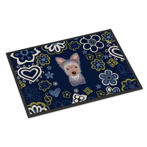Carolines Treasures 24 x 36 in. Blue Flowers Yorkie Puppy Indoor or Outdoor Mat - BB5083JMAT