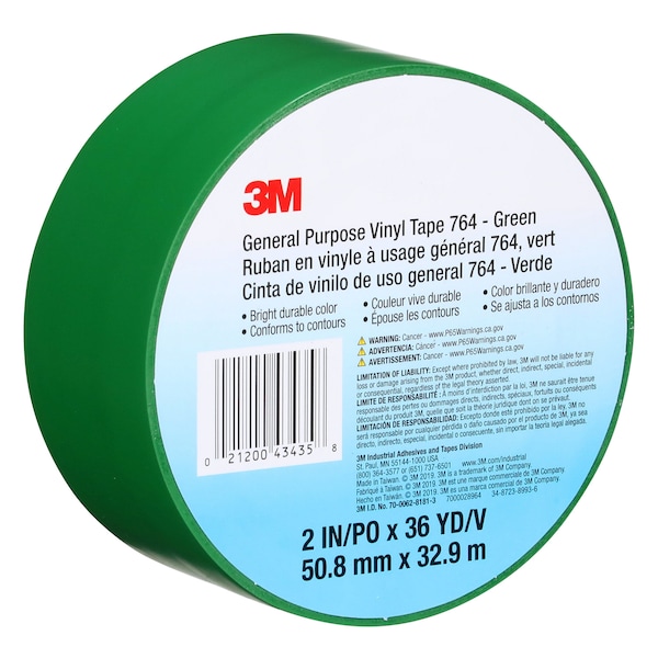 3M Vinyl Tape, 5.0 Mil, 2"x36 yds, Green, PK24 - T967764G