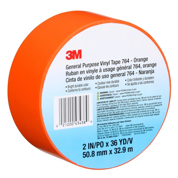 3M Vinyl Tape, 5.0 Mil, 2"x36 yds, Orange, PK24 - T967764N