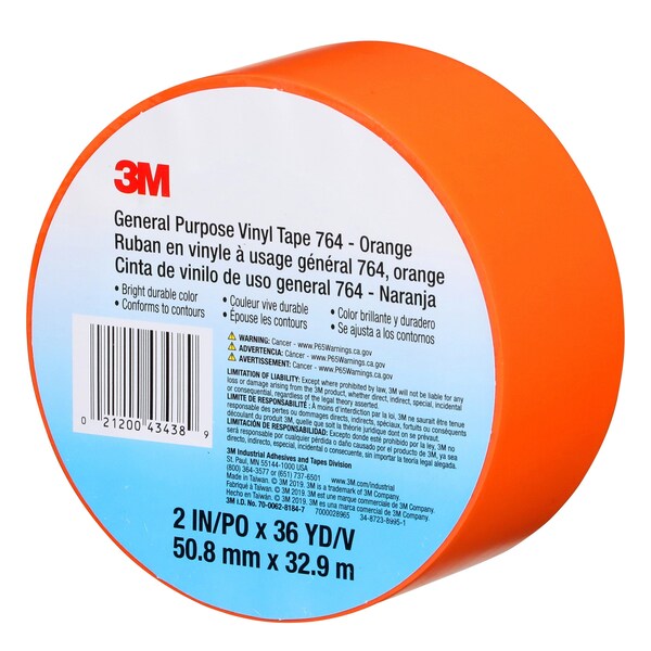 3M Vinyl Tape, 5.0 Mil, 2"x36 yds, Orange, PK24 - T967764N