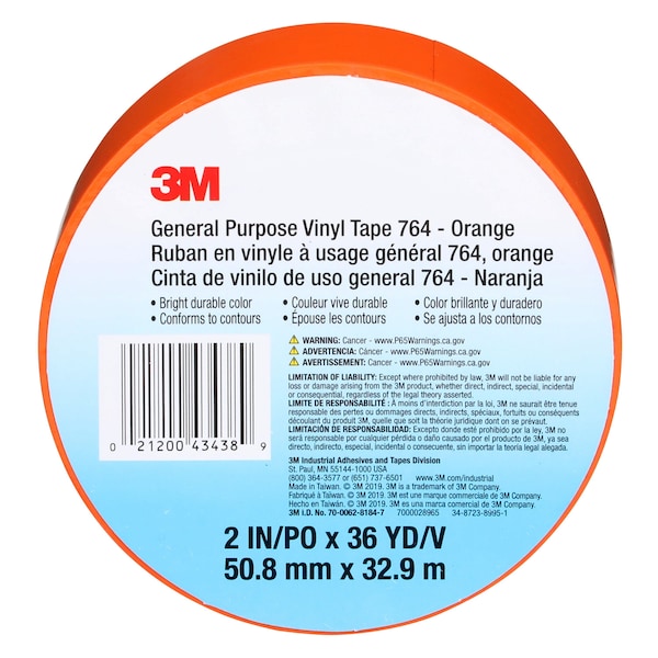 3M Vinyl Tape, 5.0 Mil, 2"x36 yds, Orange, PK24 - T967764N
