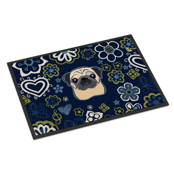 Carolines Treasures 24 x 36 in. Blue Flowers Fawn Pug Indoor or Outdoor Mat - BB5113JMAT