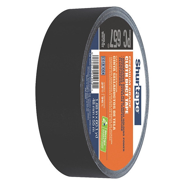 Shurtape Duct Tape, 55m L, Adhesion 104 oz/in, Black - PC 657 BLK-48MM X 55M-24 RLS/CS
