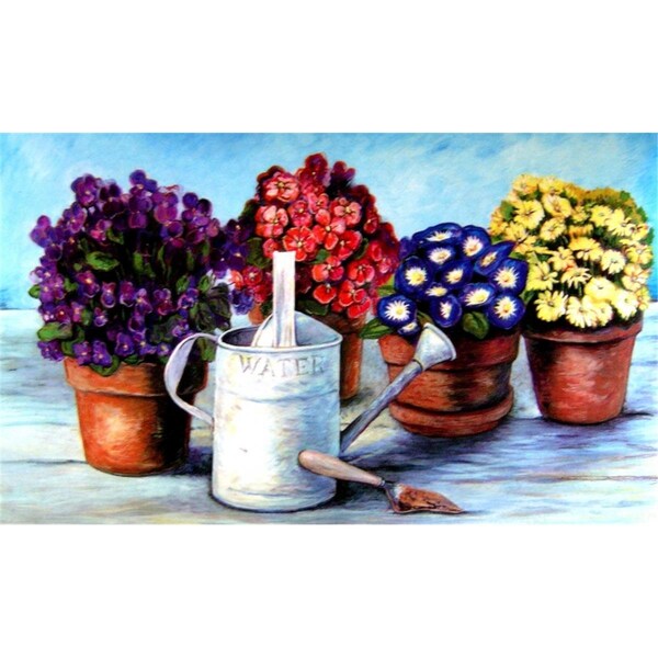 Custom Printed Rugs Watering Can 18 x 30 in. Doormat Rug - Blue, Gold & Yellow, Yellow - CU62633