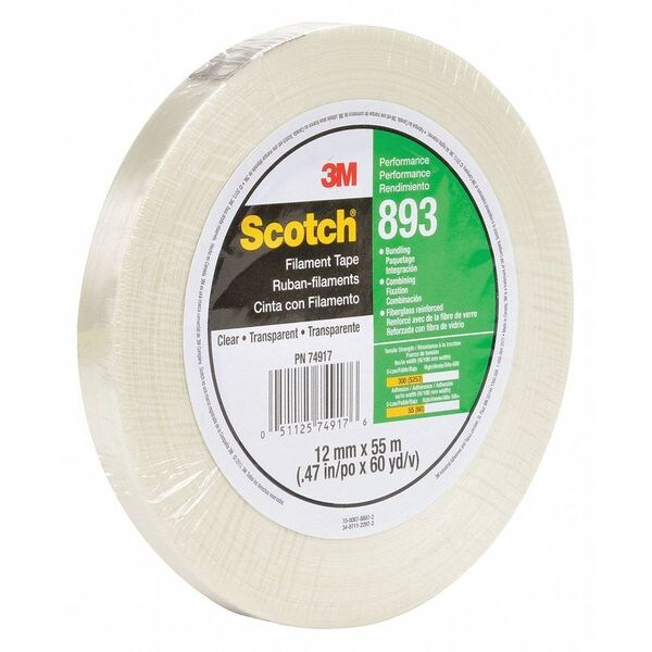 Scotch 3M 893 Strapping Tape, 6.0 Mil, 1/2" x 60 yds., Clear, 12/Case - T91389312PK