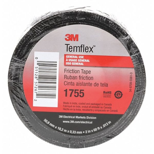 Scotch 3M 1755 Cotton Friction Tape, 13 Mil, 3/4" x 60', Black, 20/Case - T9641755
