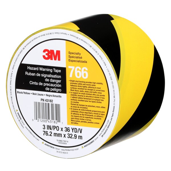 3M Striped Vinyl Tape, 5.0 Mil, 3"x36 yds, Blk/Yel, PK12 - T968766