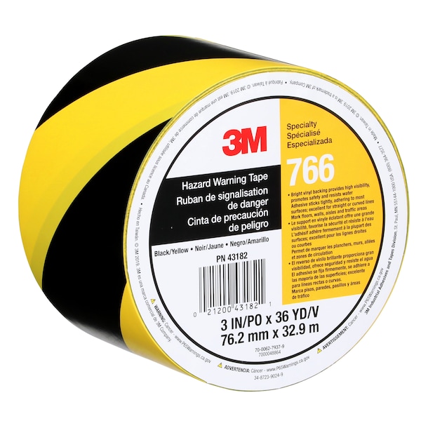 3M Striped Vinyl Tape, 5.0 Mil, 3"x36 yds, Blk/Yel, PK12 - T968766