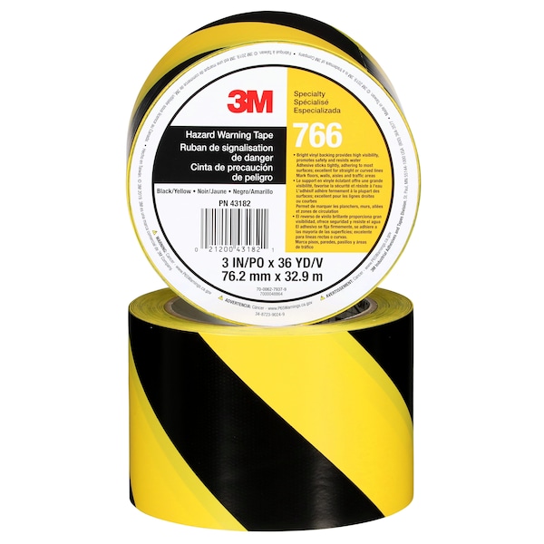 3M Striped Vinyl Tape, 5.0 Mil, 3"x36 yds, Blk/Yel, PK12 - T968766