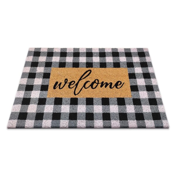 First Concept First Concept 18 in. W X 30 in. L Black/White Checkers Welcome Coir Door Mat - FC-72026