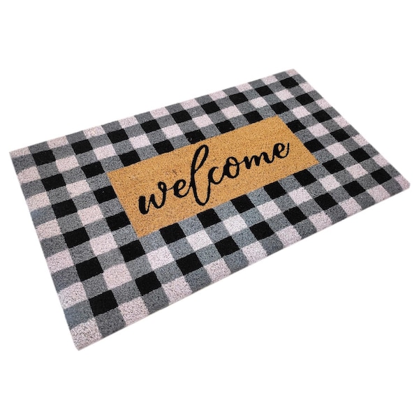 First Concept First Concept 18 in. W X 30 in. L Black/White Checkers Welcome Coir Door Mat - FC-72026
