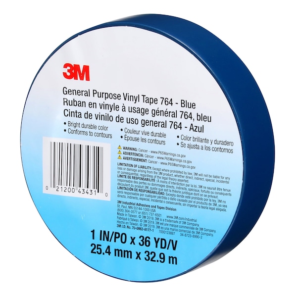 3M Vinyl Tape, 5.0 Mil, 1"x36 yds, Blue, PK36 - T965764L