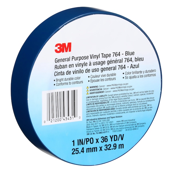 3M Vinyl Tape, 5.0 Mil, 1"x36 yds, Blue, PK36 - T965764L