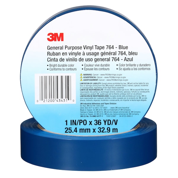 3M Vinyl Tape, 5.0 Mil, 1"x36 yds, Blue, PK36 - T965764L