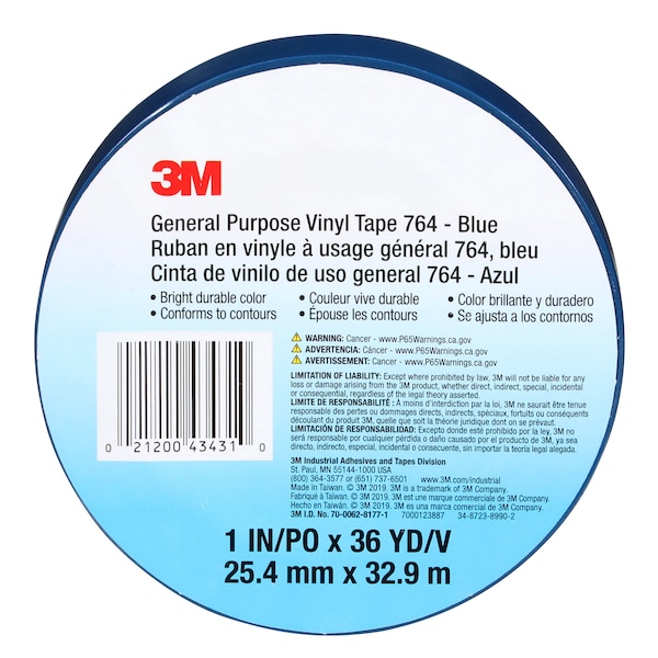 3M Vinyl Tape, 5.0 Mil, 1"x36 yds, Blue, PK36 - T965764L