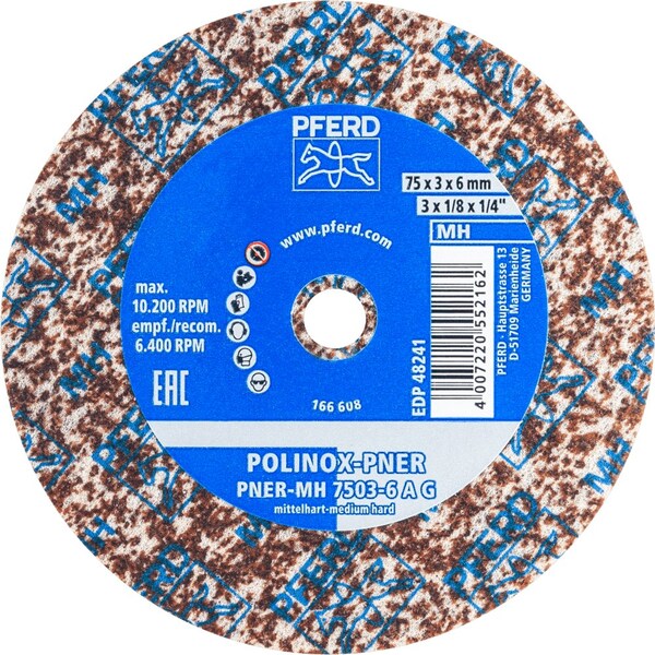 Pferd PFERD POLINOX Unitized Wheel, 3in x 1/8 x 1/4, Coarse, Medium-Hard, 6AC, Aluminum oxide - 48241