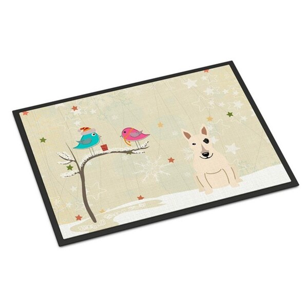 Jensendistributionservices Christmas Presents Between Friends Bull Terrier White Indoor or Outdoor Mat, 24 x 0.25 x 36 in. - MI2549680