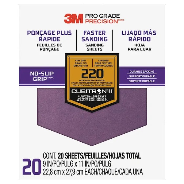 3M 9" x 11" Pro Grade Precision No-Slip Grip Sanding Sheet, 220 Grit, PK 20 - 27220 TRI-20