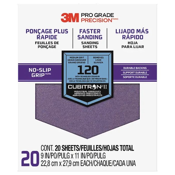 3M 9"x11" Pro Grade Precision No-Slip Grip Sanding Sheet 120-Grit, PK 20 - 27120 TRI-20
