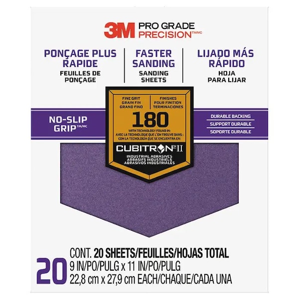 3M 9"x11" Pro Grade Precision No-Slip Grip Sanding Sheet 180-Grit, PK 20 - 27180 TRI-20