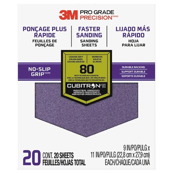 3M 9" x 11" Pro Grade Precision No-Slip Grip Sanding Sheet 80-Grit, PK 20 - 27080 TRI-20