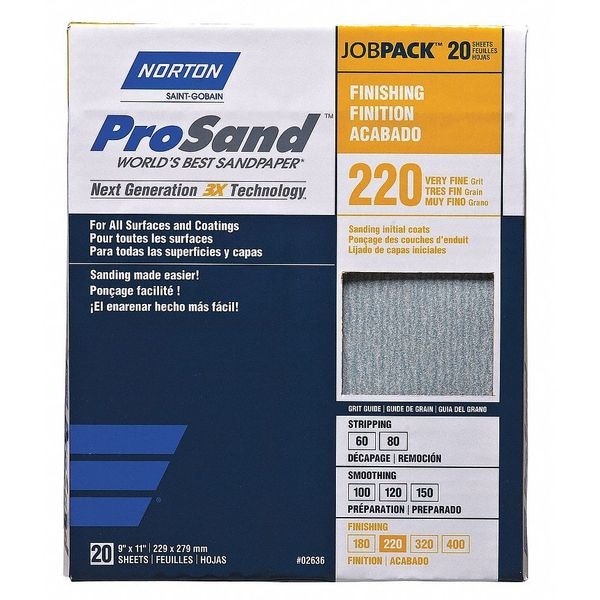 Norton Abrasives Sandpaper Sheet, Very Fine, 220 Grit, PK20 - 07660768167