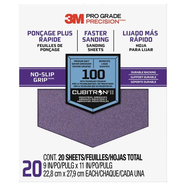 3M 9"x11" Pro Grade Precision No-Slip Grip Sanding Sheet 100-Grit, PK 20 - 27100 TRI-20