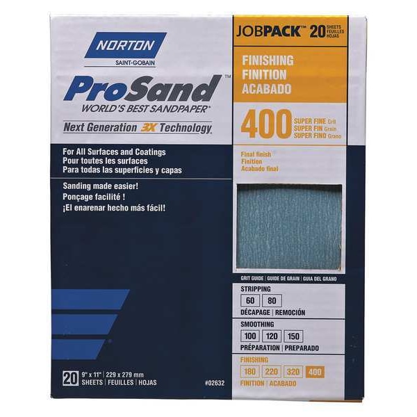Norton Abrasives Sandpaper Sheet, Super Fine, 400 Grit, PK20 - 07660768165
