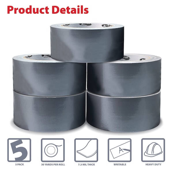 Better Office Products Duct Tape, Heavy Duty, 7.3mil, 1.88 Inch x 30 Yards Per Roll, Easy Tear, Silver, 5PK - 40593